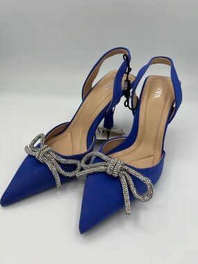 Zara Cobalt Blue Pointed Slingback Heels with Crystal Bow Accent